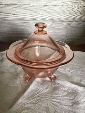 Pink Depression Glass Covered Dish with Pedestal Feet